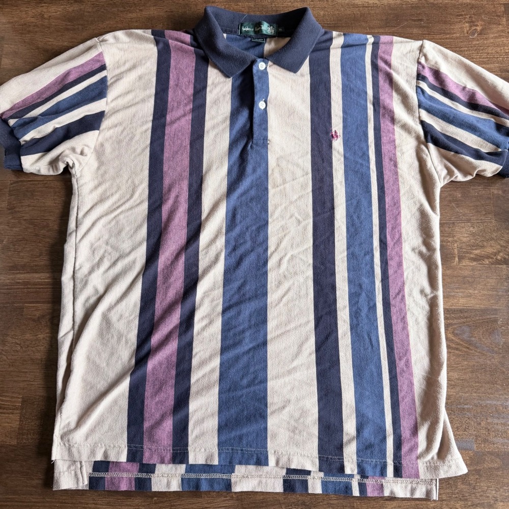 Vintage Knights of the Round Table Mens XL Polo Vertical Stripe Navy Purple 90s